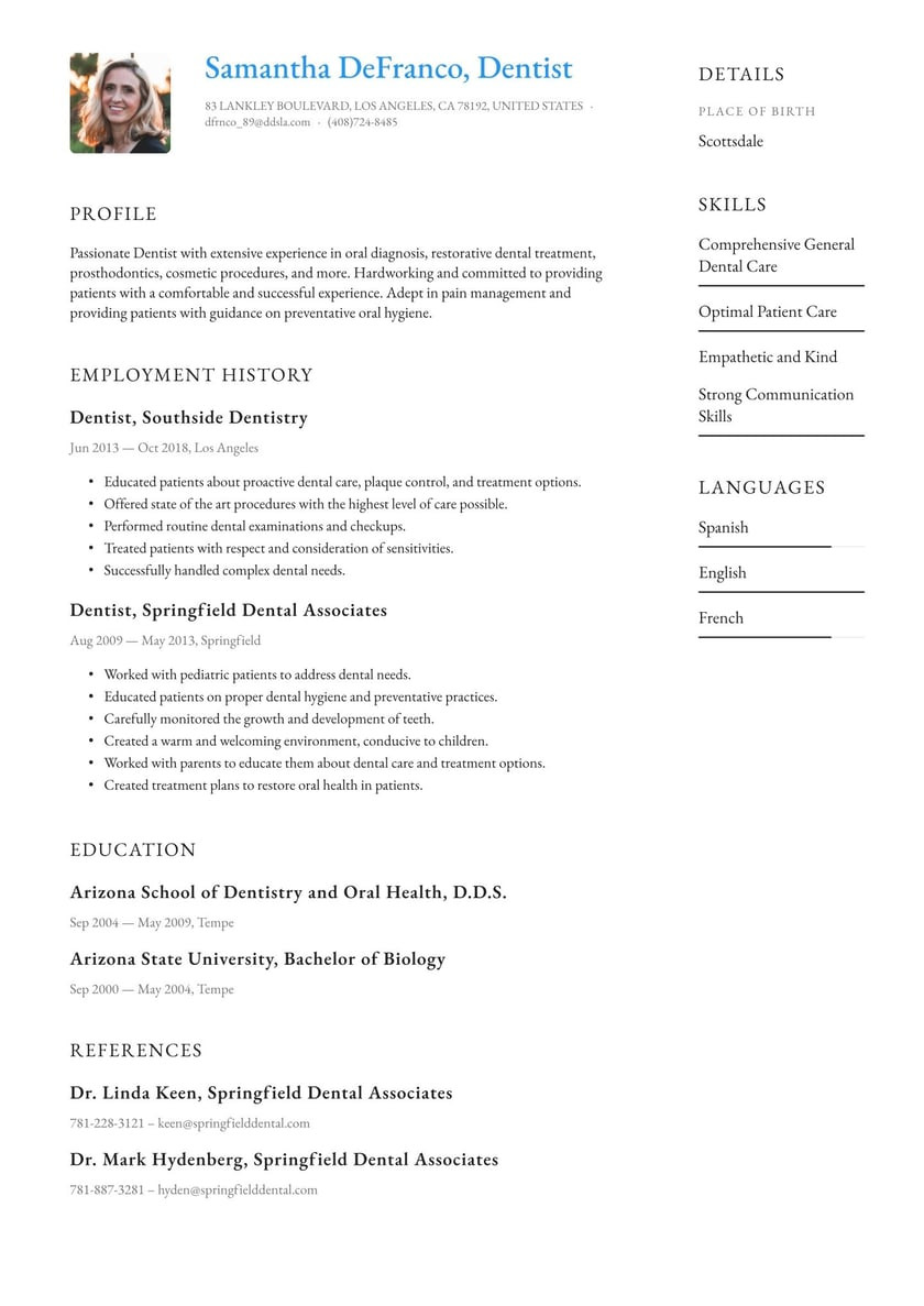 Sample Resume for Bds Freshers India Dentist Resume Examples & Writing Guide Â· Resume.io