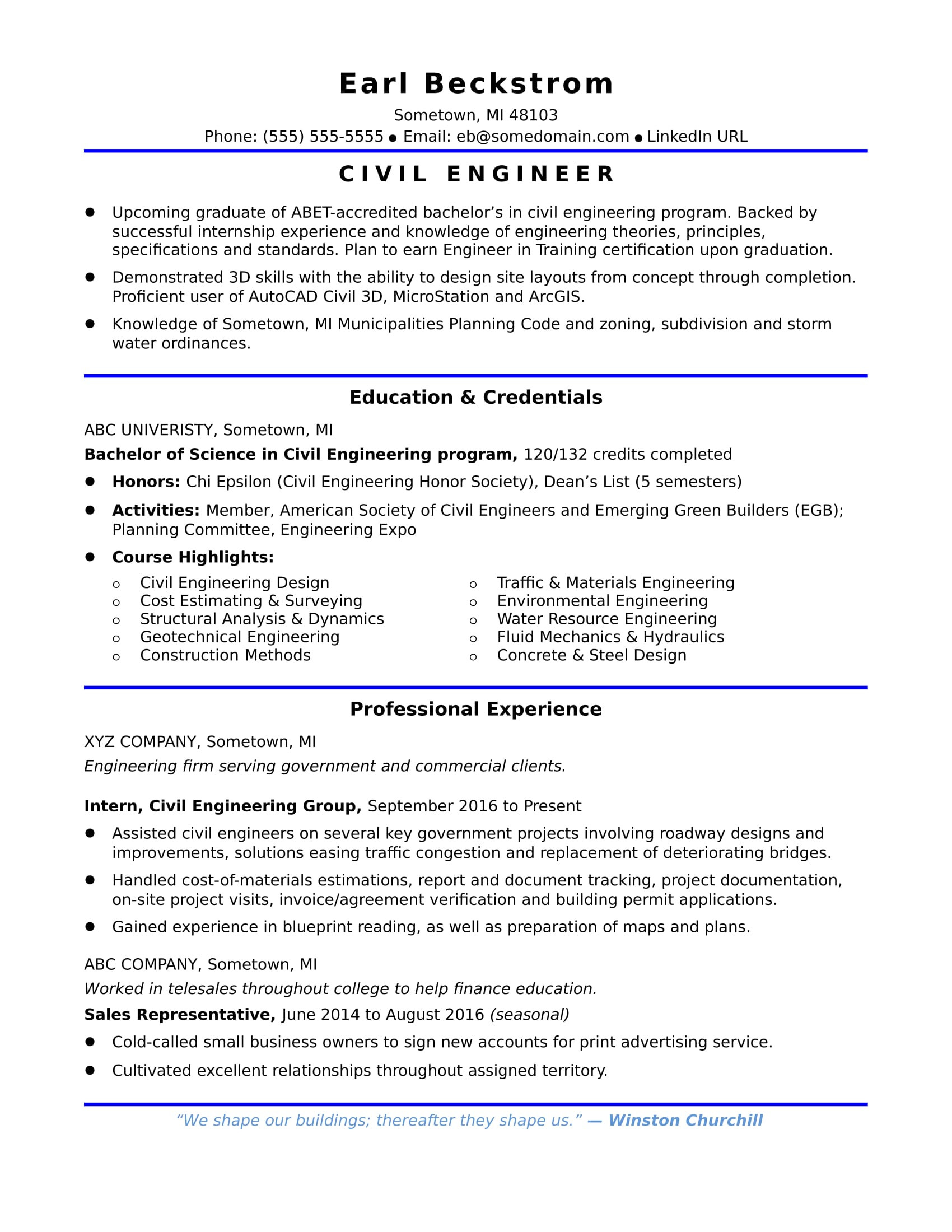 Sample Resume for Construction Engineering Graduate Entry-level Civil Engineering Resume Monster.com