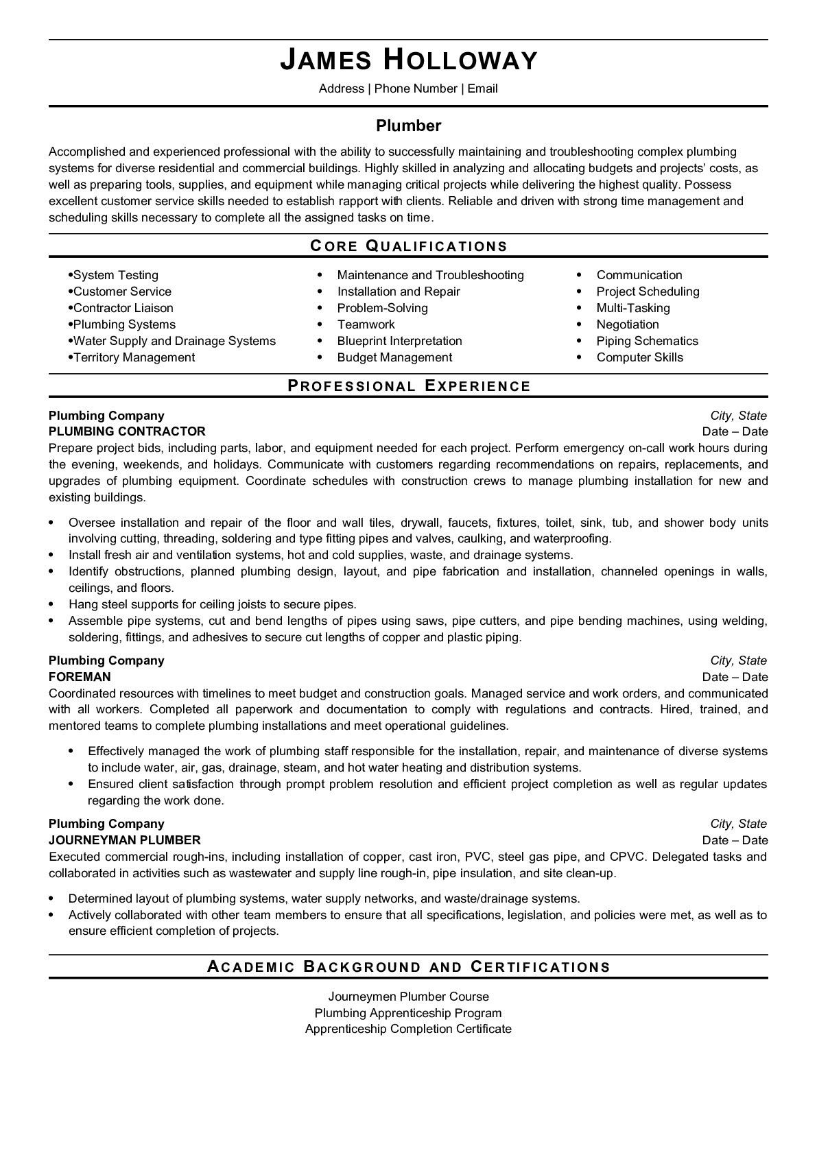 Sample Resume for Construction Insulation Worker Plumber Resume Sample Skills & Job Description Requirements