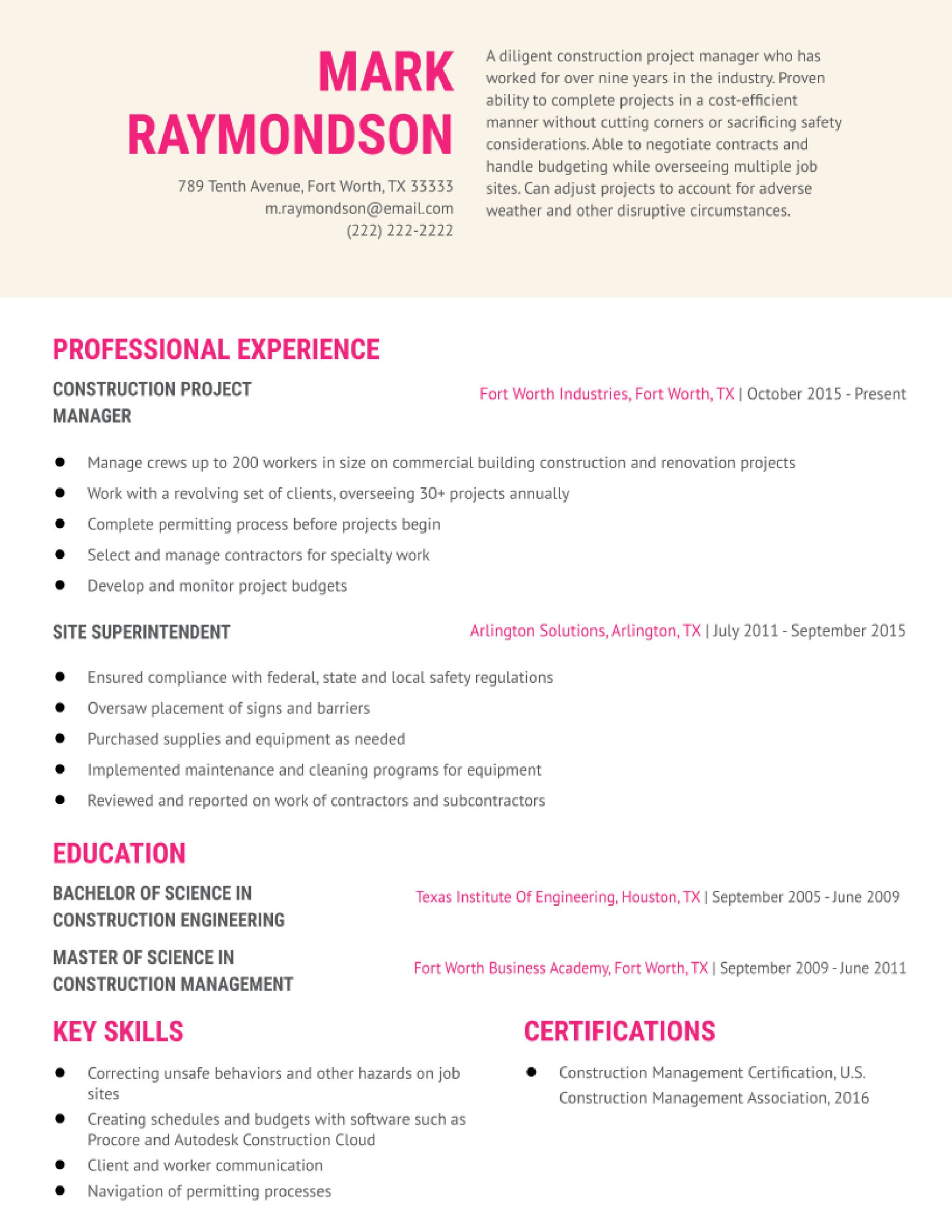 Sample Resume for Construction Project Manager Position Construction Project Manager Resume Examples In 2022 …