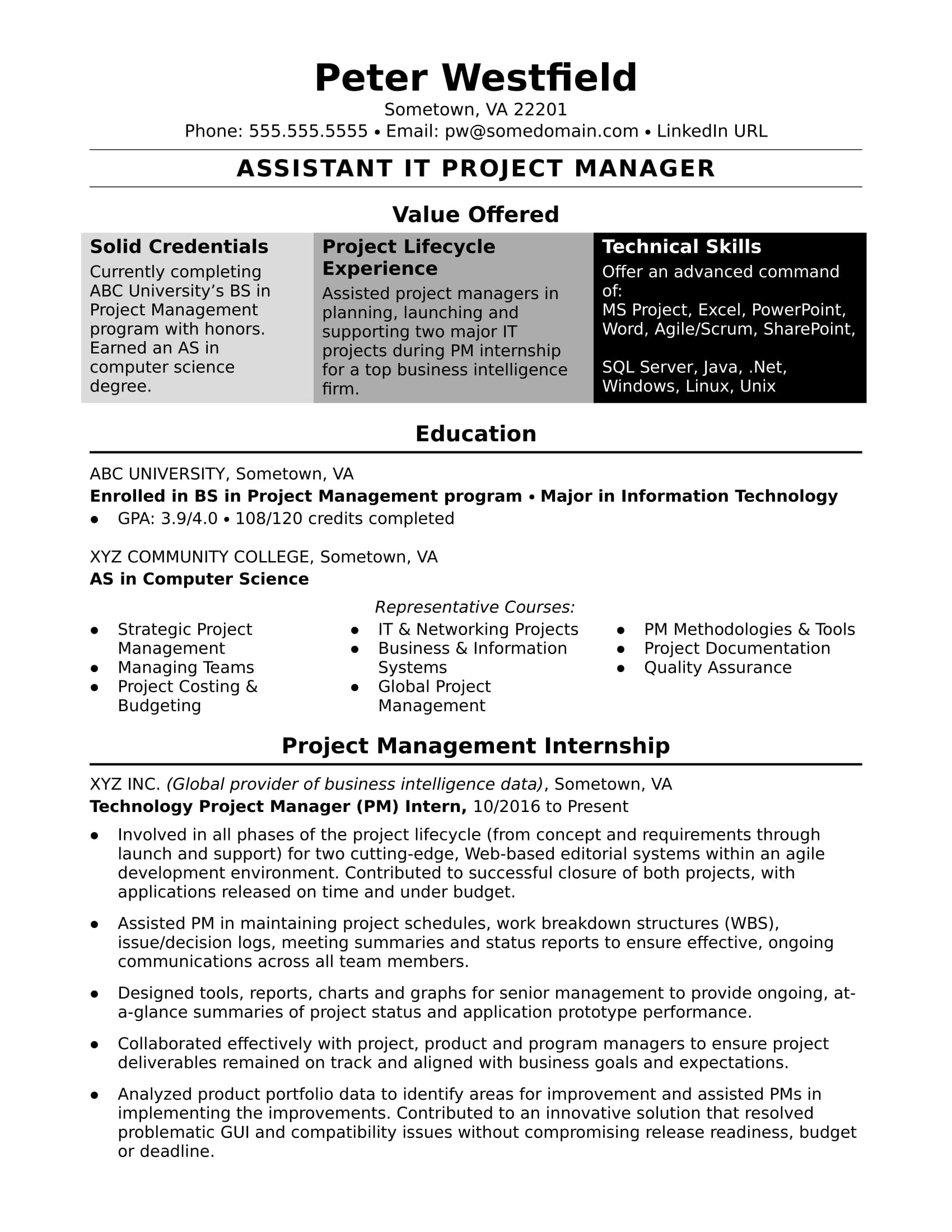 Sample Resume for Entry Level Project Management Sample Resume for An assistant It Project Manager Monster.com