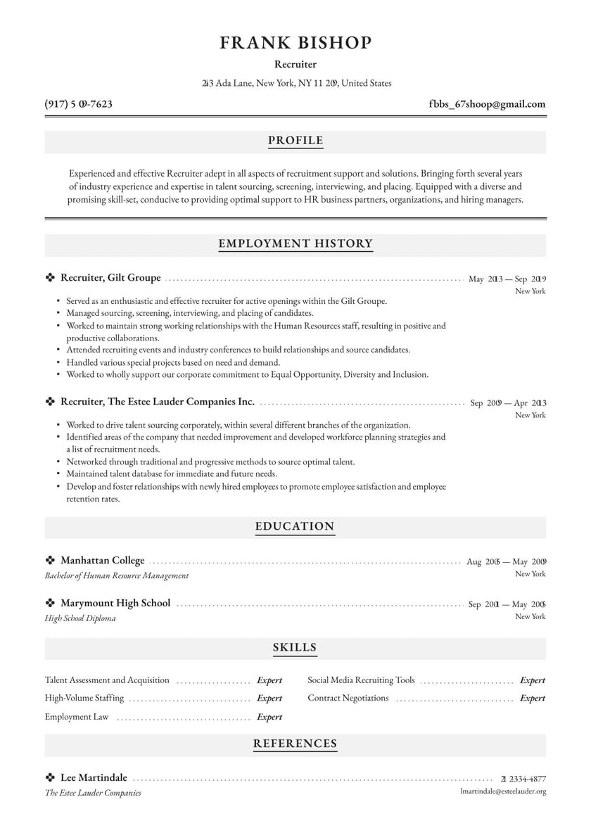 Sample Resume for Entry Level Recruiter Position Recruiter Resume Examples & Writing Tips 2022 (free Guide)