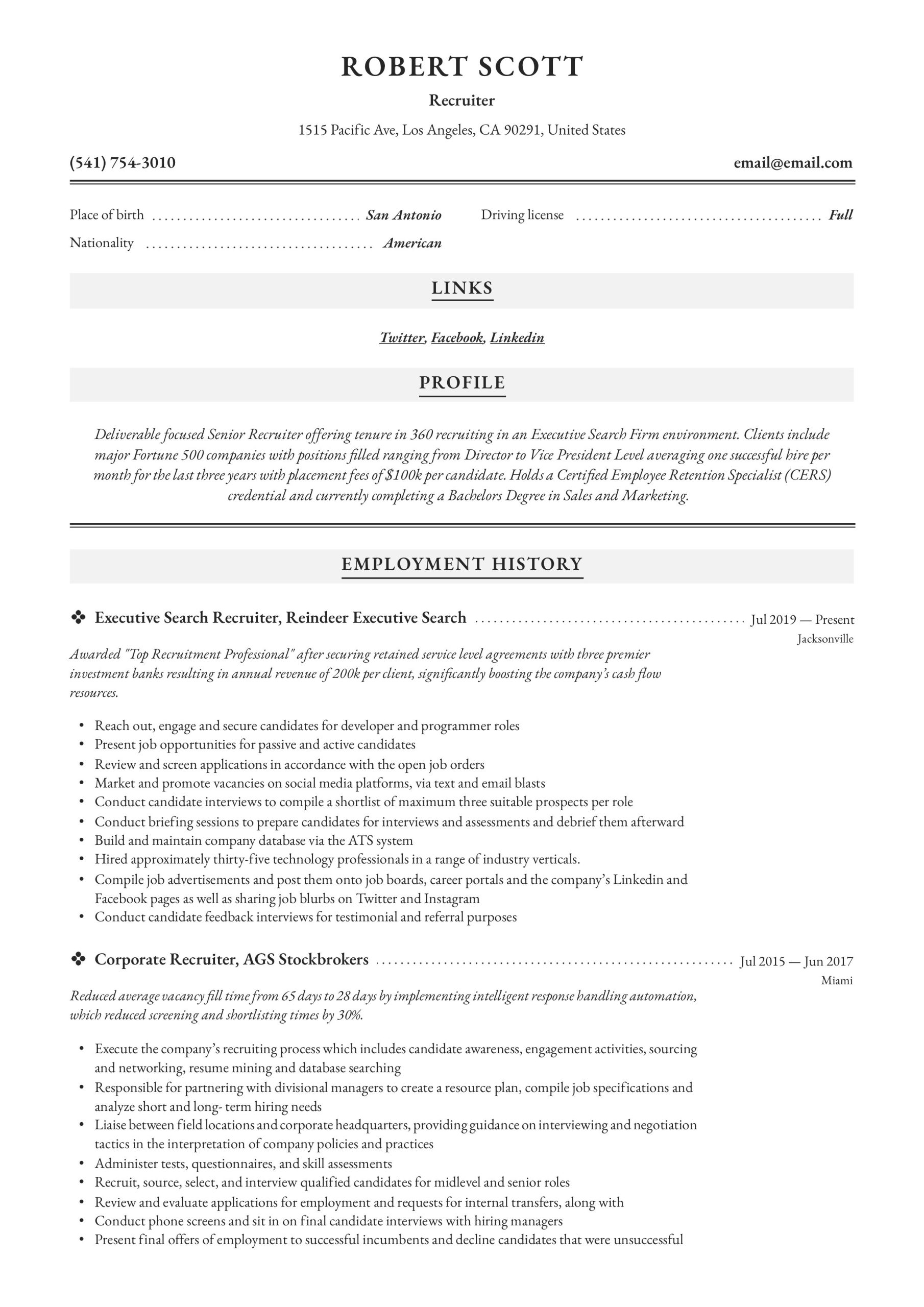 Sample Resume for Entry Level Recruiter Recruiter Resume & Writing Guide   12 Pdf Examples 2020