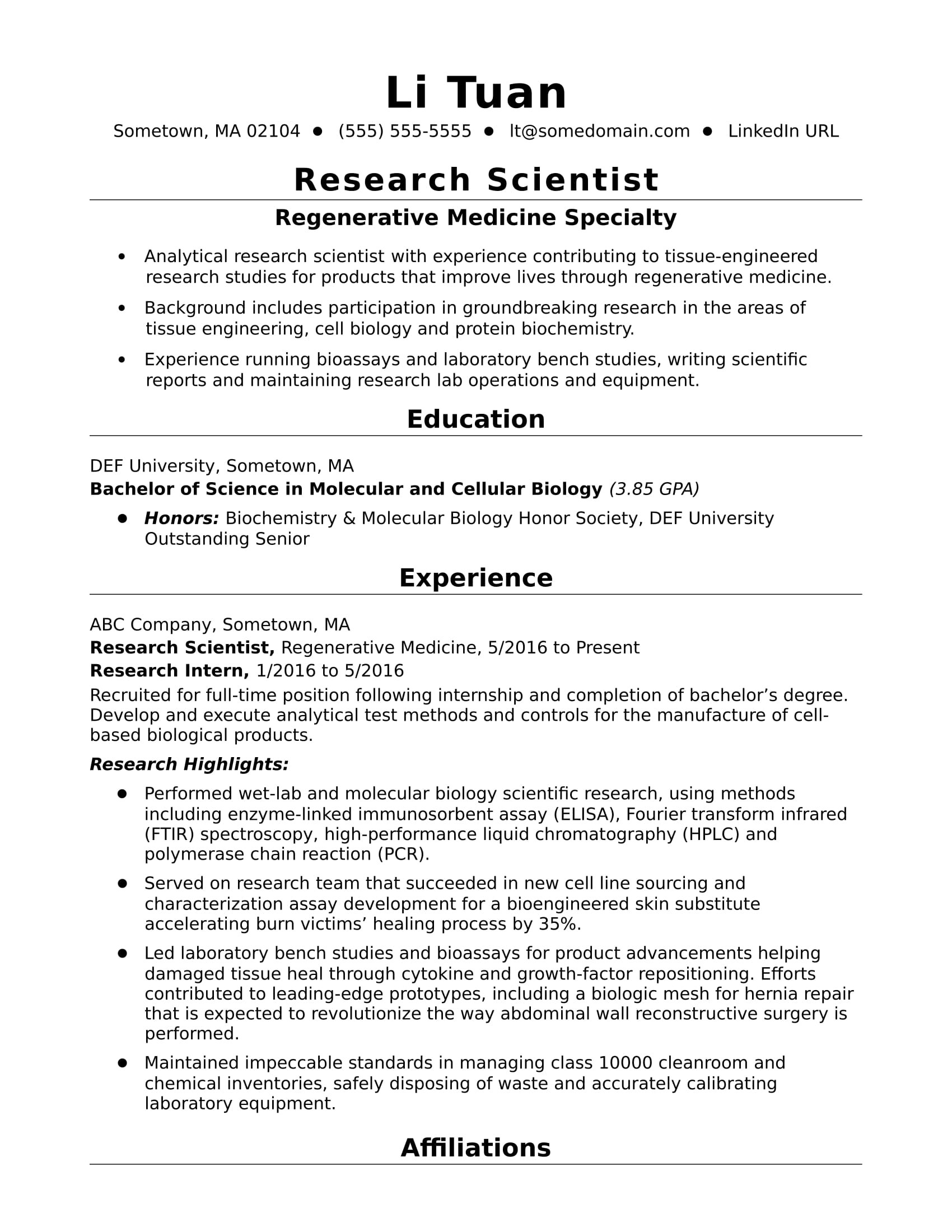 Sample Resume for Entry Level Research assistant Entry-level Research Scientist Resume Sample Monster.com