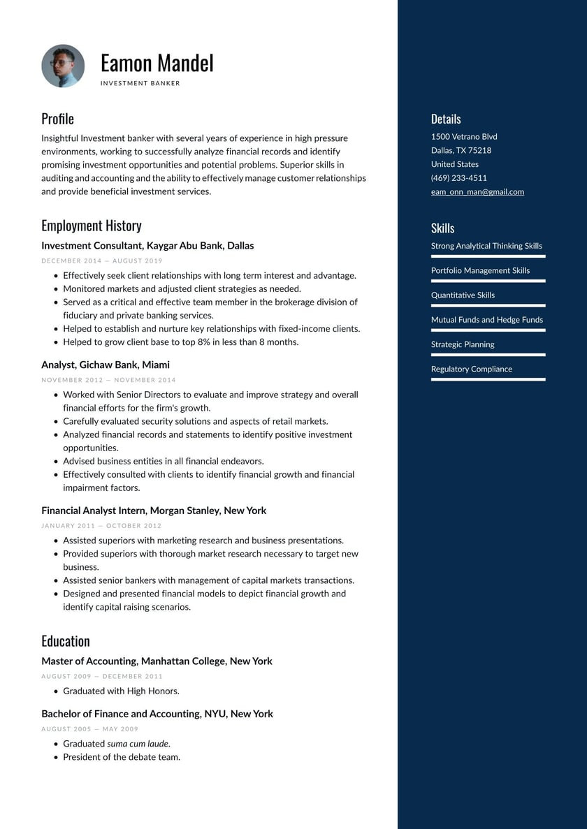 Sample Resume for Fund Of Fund Investor Investment Banker Resume Examples & Writing Tips 2022 (free Guide)