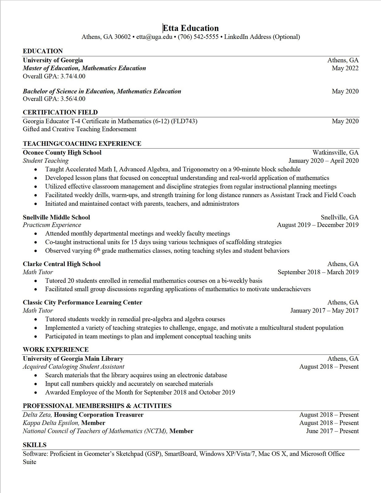 Sample Resume for Ga In College Of Education Uga Career Center
