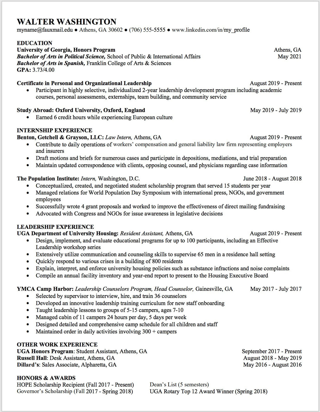 Sample Resume for Ga In College Of Education Uga Career Center