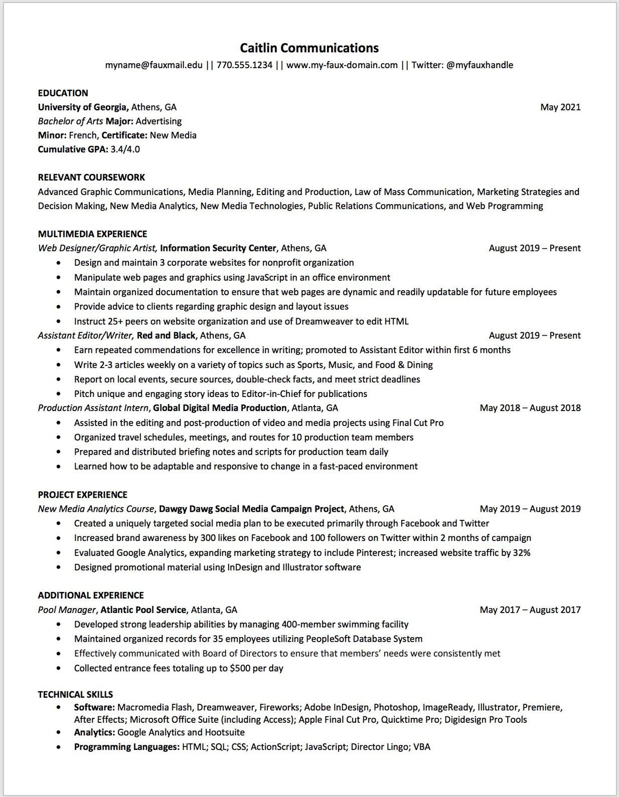 Sample Resume for Ga In College Of Education Uga Career Center