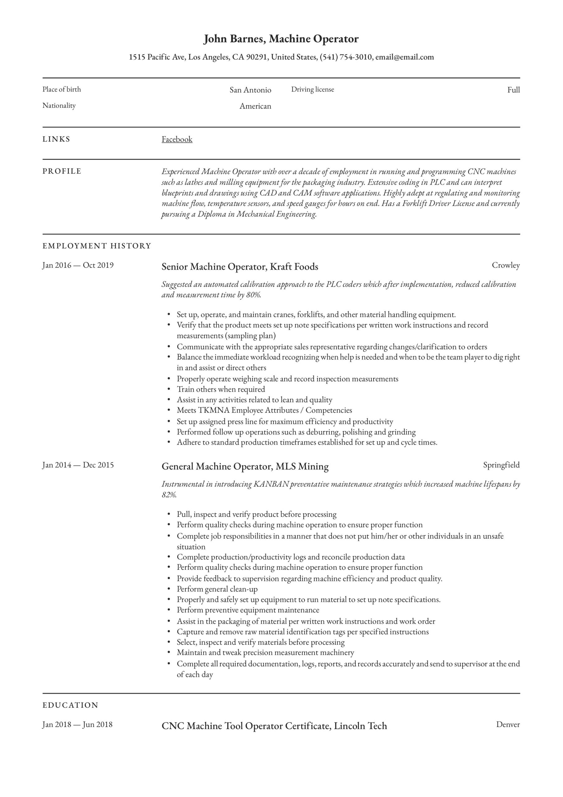 Sample Resume for Motor Coach Operator Machine Operator Resume & Writing Guide  12 Templates 2020