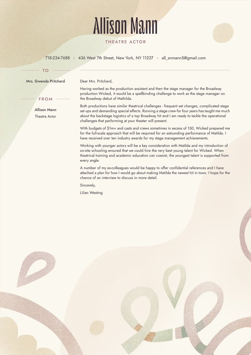 Sample Resume for Movie theater Manager theatre Cover Letter Examples & Expert Tips [free] Â· Resume.io