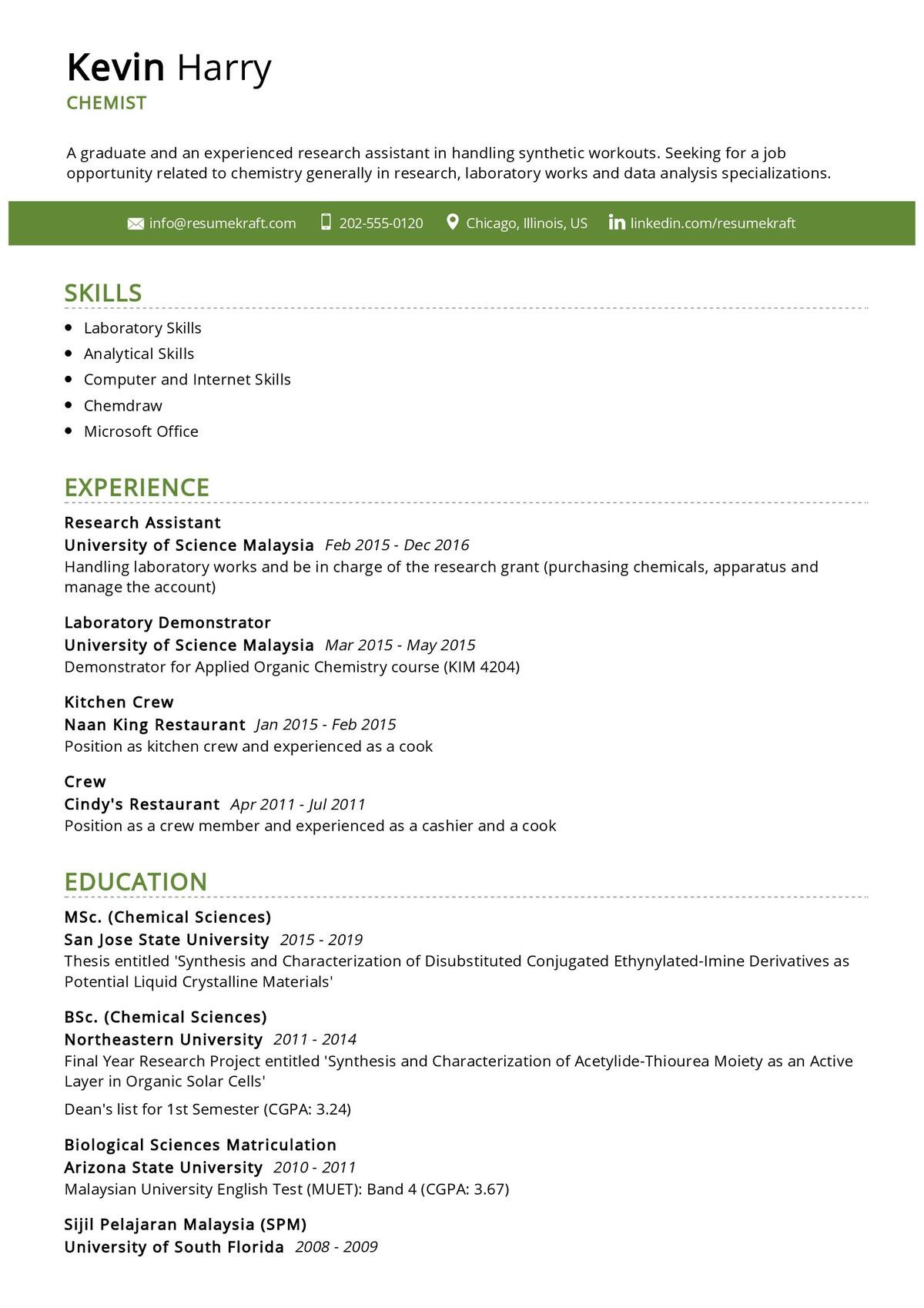 Sample Resume for Msc Analytical Chemistry Freshers Chemist Resume Example 2021 Writing Guide & Tips – Resumekraft