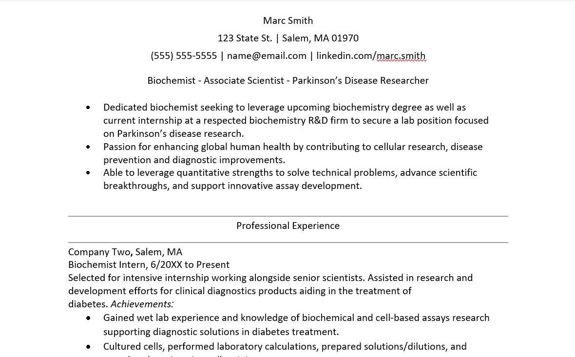 Sample Resume for Msc Chemistry Experience Biochemistry Resume Sample Monster.com