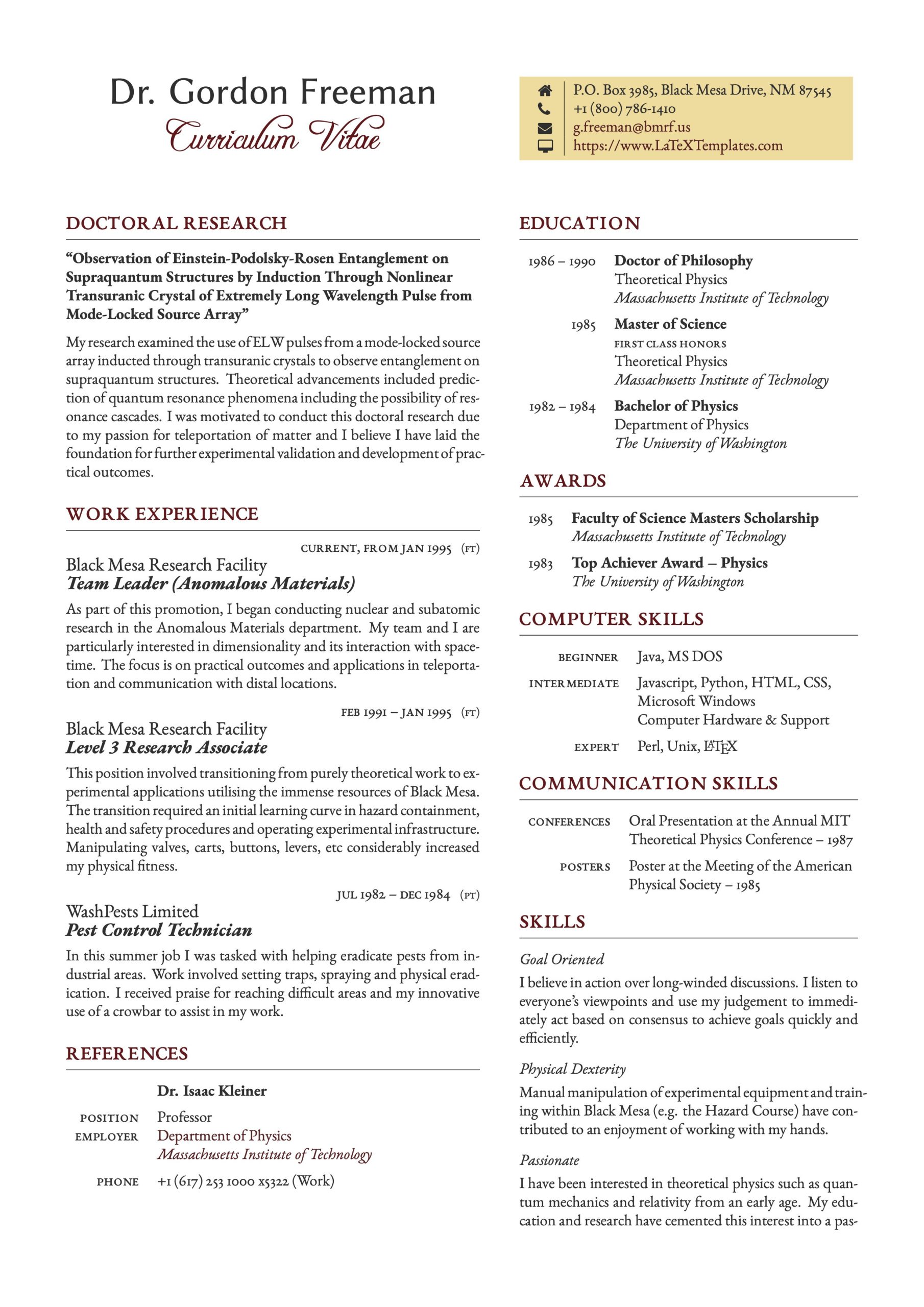 Sample Resume for Msc Physics Fresher Latex Templates – Cvs and Resumes