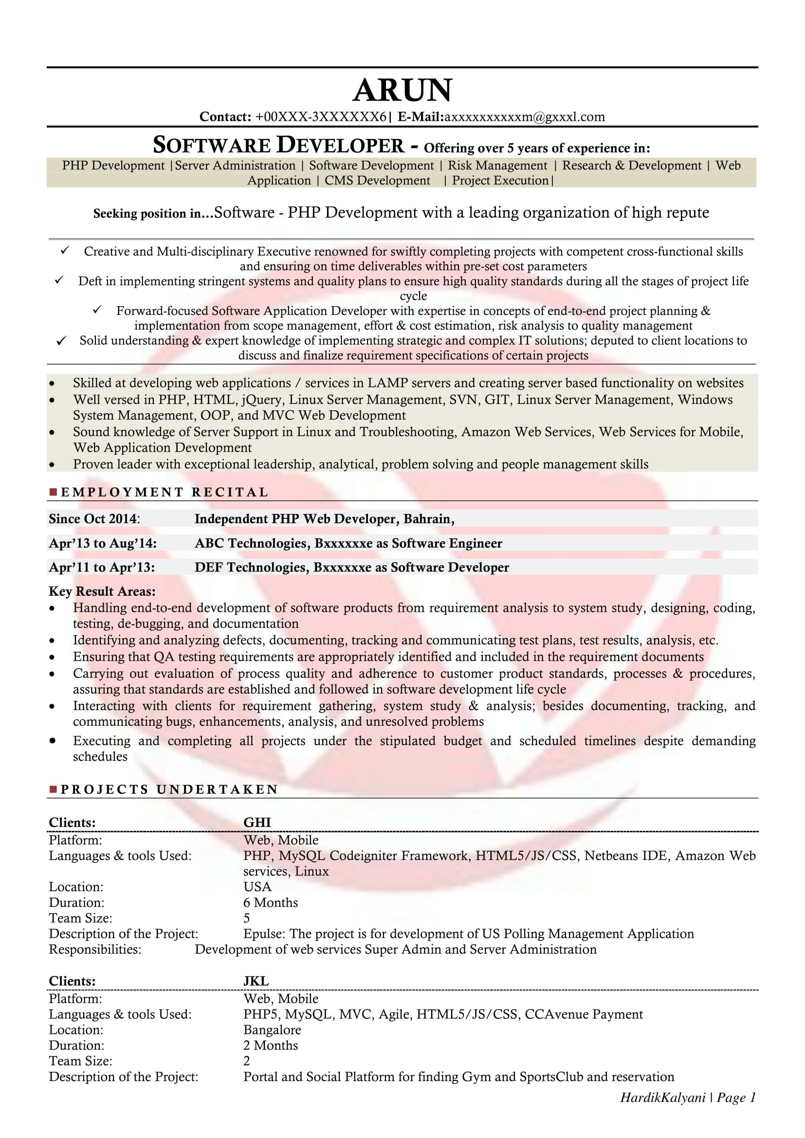 Sample Resume for PHP Developer Experienced PHP Sample Resumes, Download Resume format Templates!