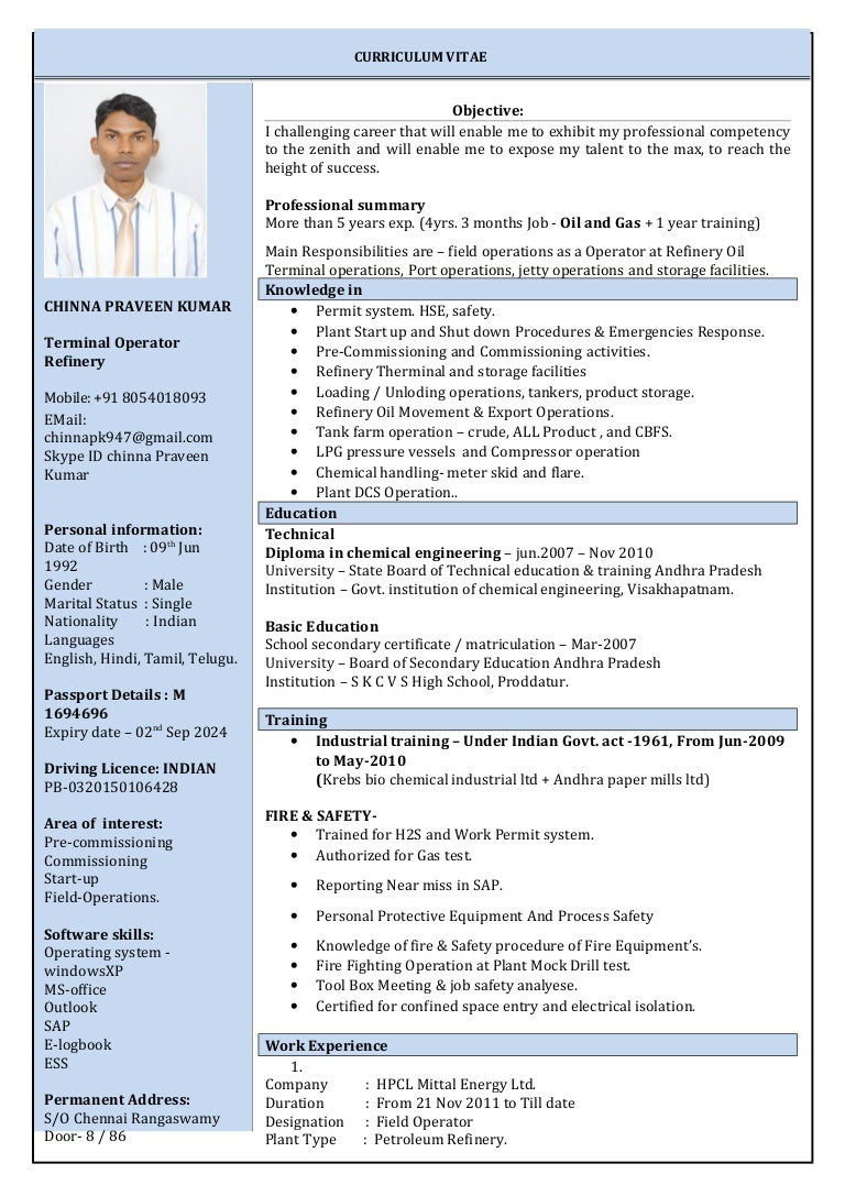 Sample Resume for Power Plant Operator Chinna Terminal Operator.