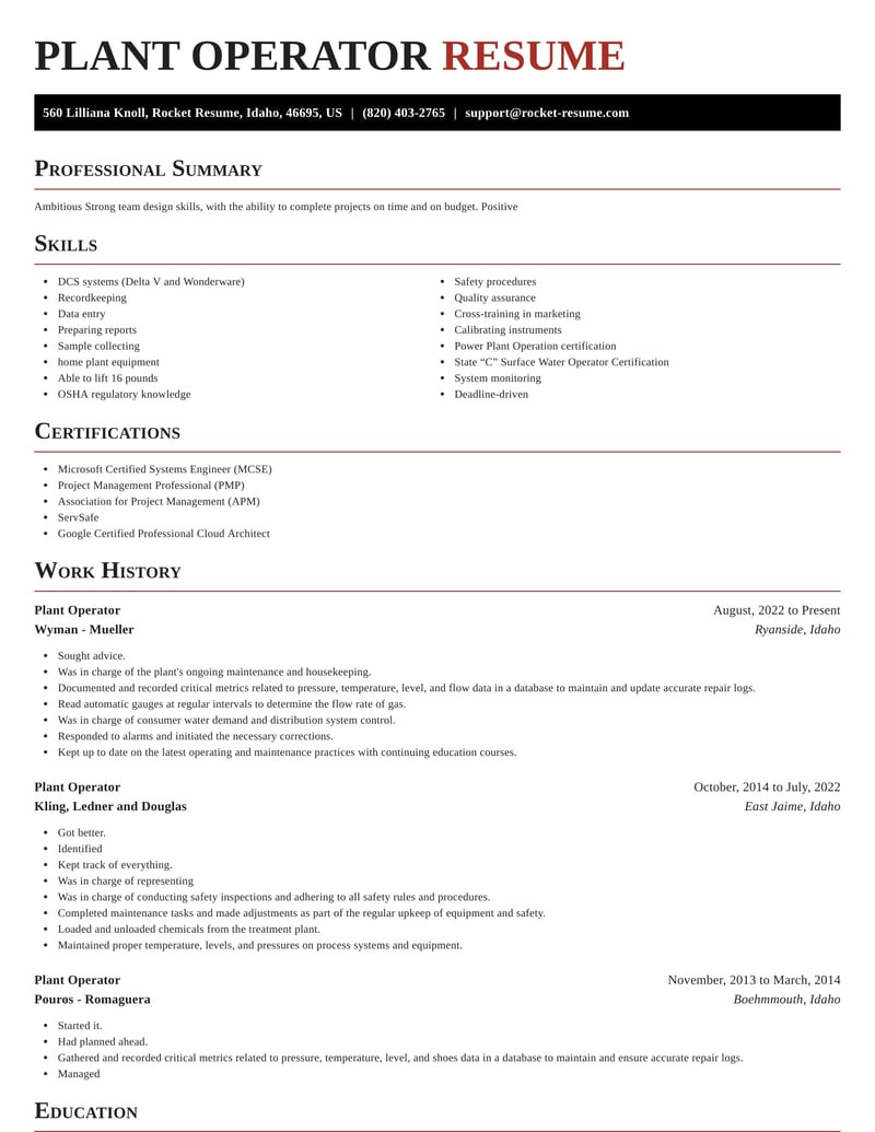 Sample Resume for Power Plant Operator Plant Operator Resume Creator & Example Rocket Resume