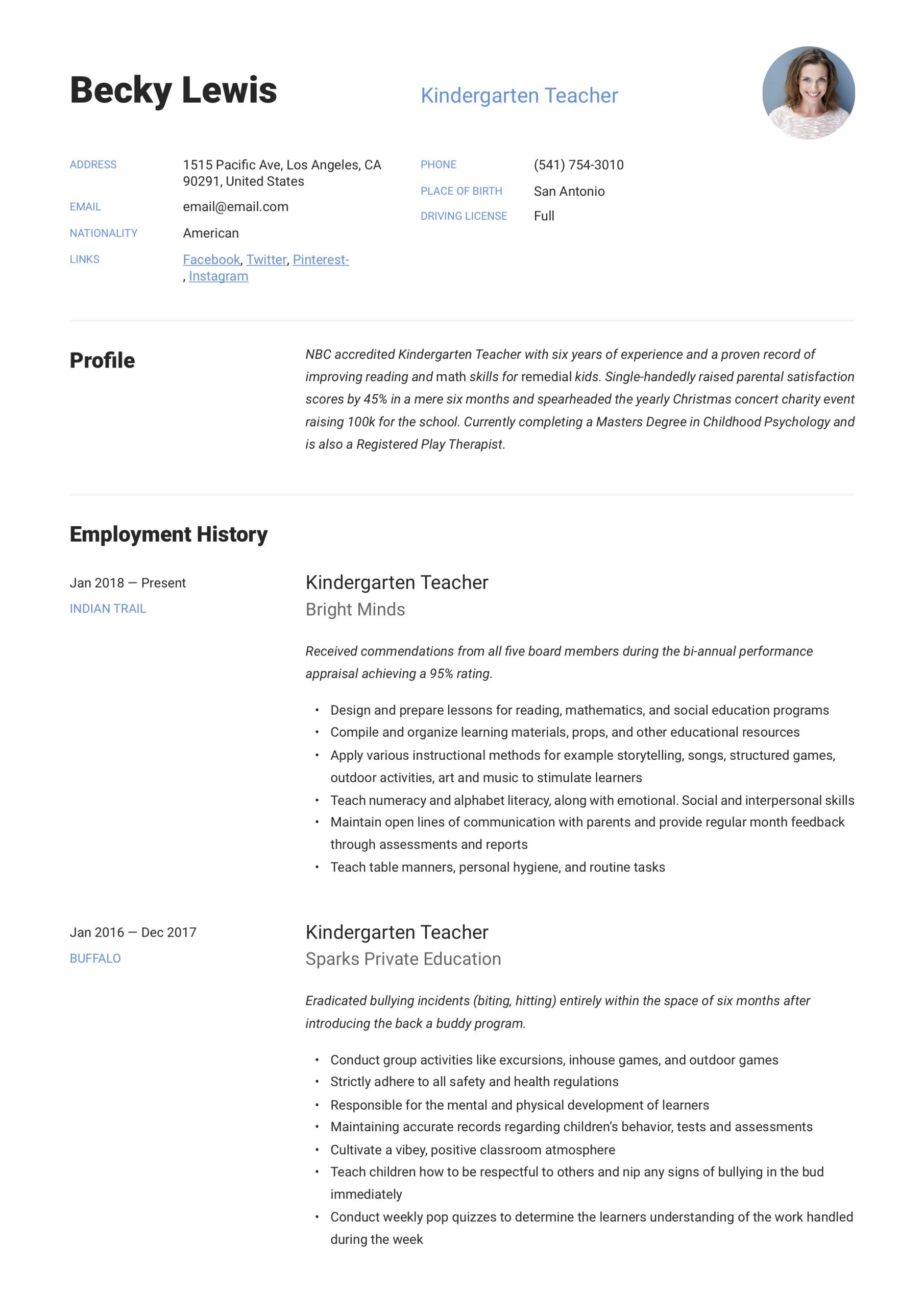 Sample Resume for Pre Primary School Teacher Kindergarten Teacher Resume & Writing Guide  12 Examples 2020