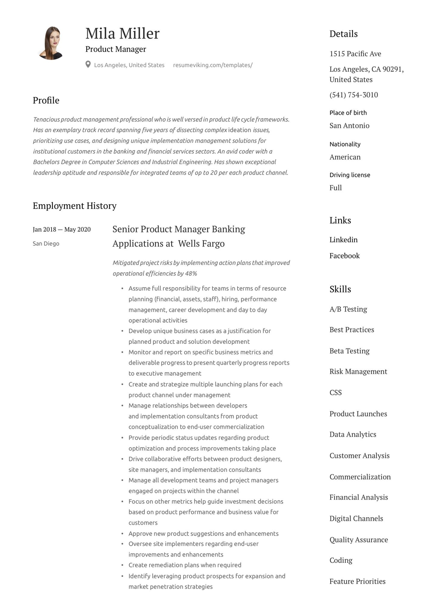 Sample Resume for Product Reporting Specialist In Device Making Company Product Manager Resume & Guide   12 Samples Pdf 2020
