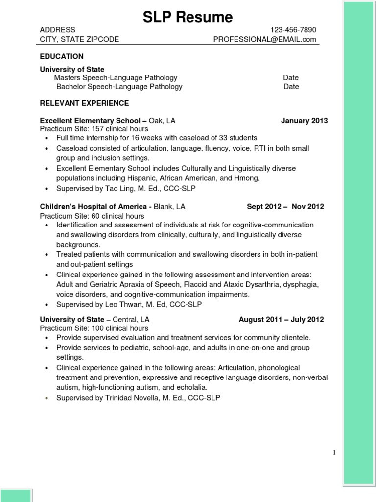 Sample Resume for School Speech Pathologist Sample Slp Grad Student Potential Cf Resume Pdf Speech …