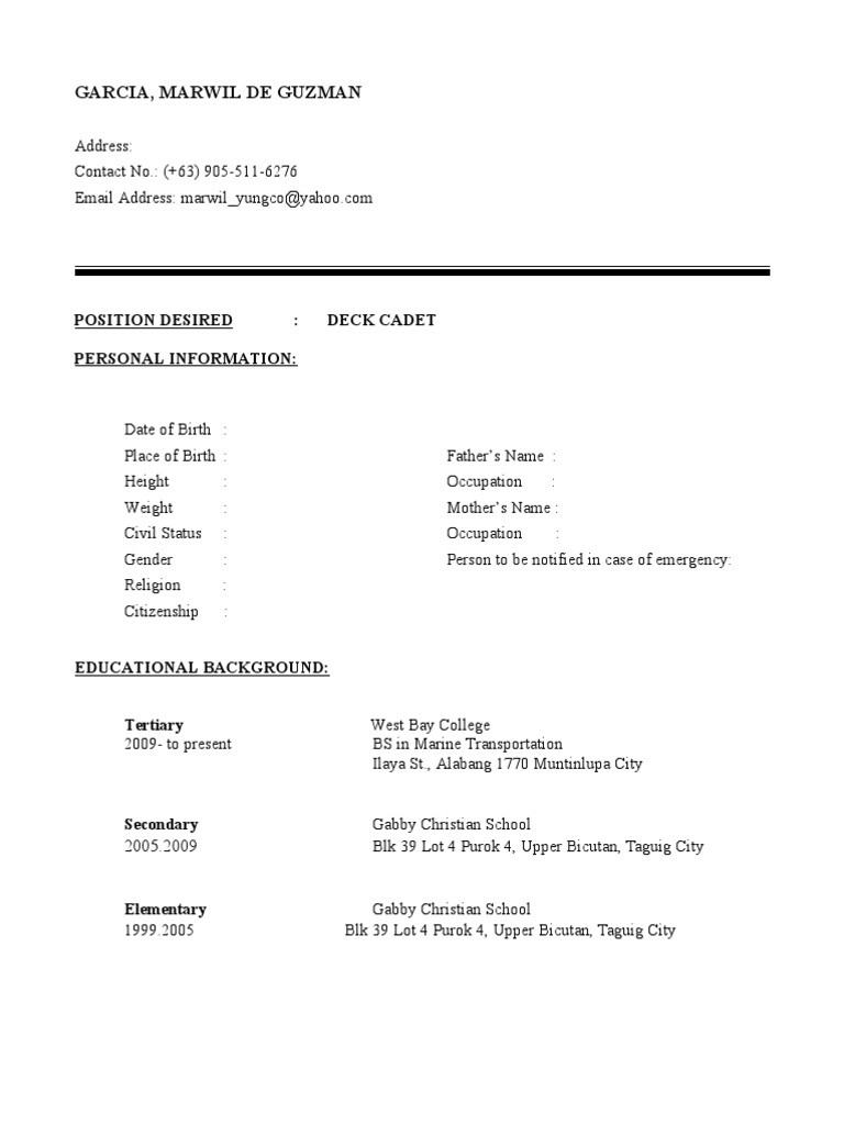 Sample Resume for Seaman Apprenticeship Engine Cadet Resume for Deck Cadet Pdf