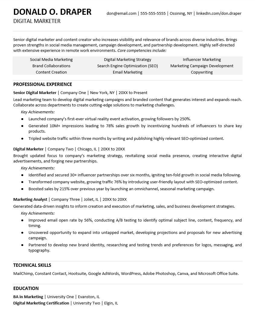 Sample Resume for Search Engine Optimization Digital Marketing Resume Monster.com