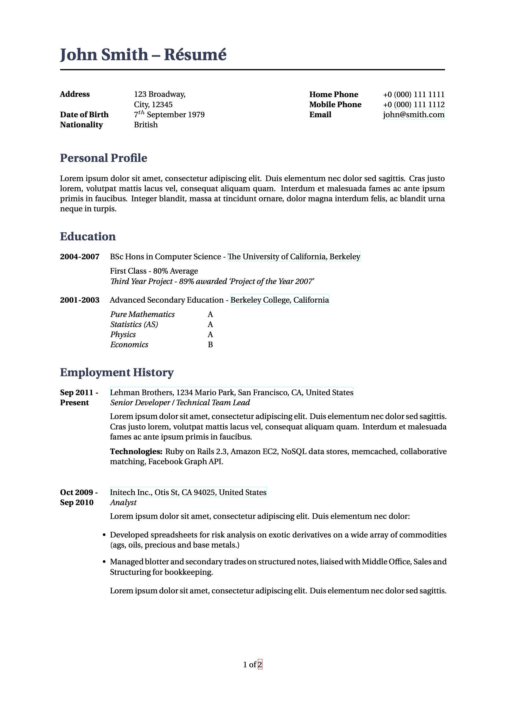 Sample Resume for Uc Berkeley Students Latex Templates – Cvs and Resumes