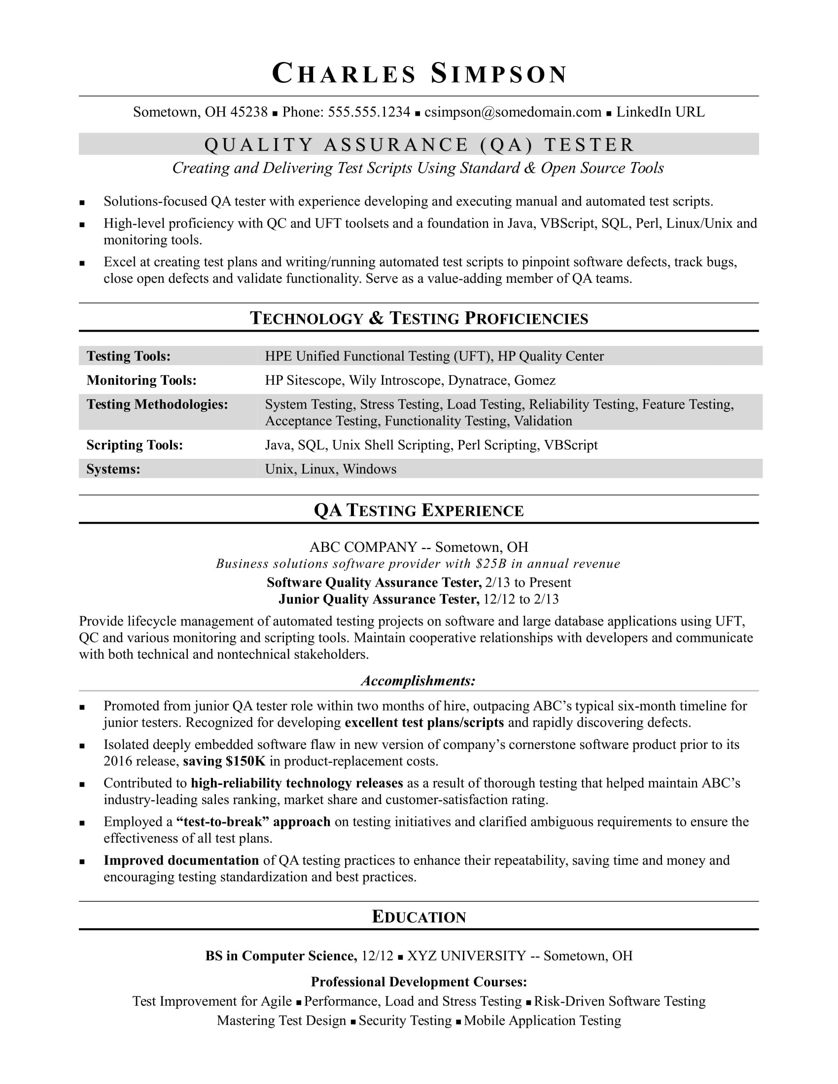 Sample Resume for Uft Automation Tester Sample Resume for A Midlevel Qa software Tester Monster.com