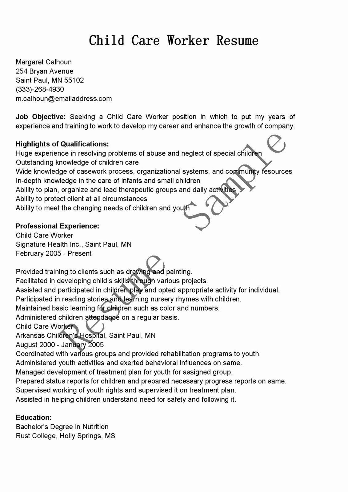 Sample Resume Objectives for Daycare Worker Child Care Worker Resume Fresh Resume Samples Child Care Worker …
