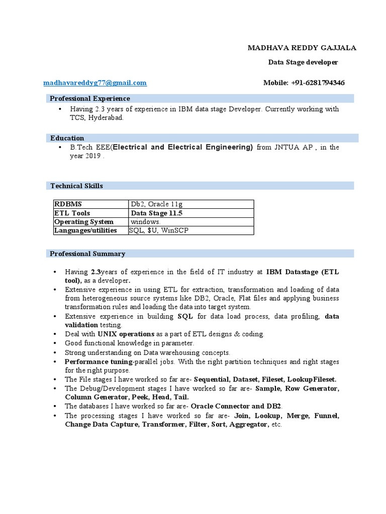 Sample Resume Of Datastage Developer with 2 Years Experience Electrical and Electrical Engineering) Pdf Data Warehouse Data