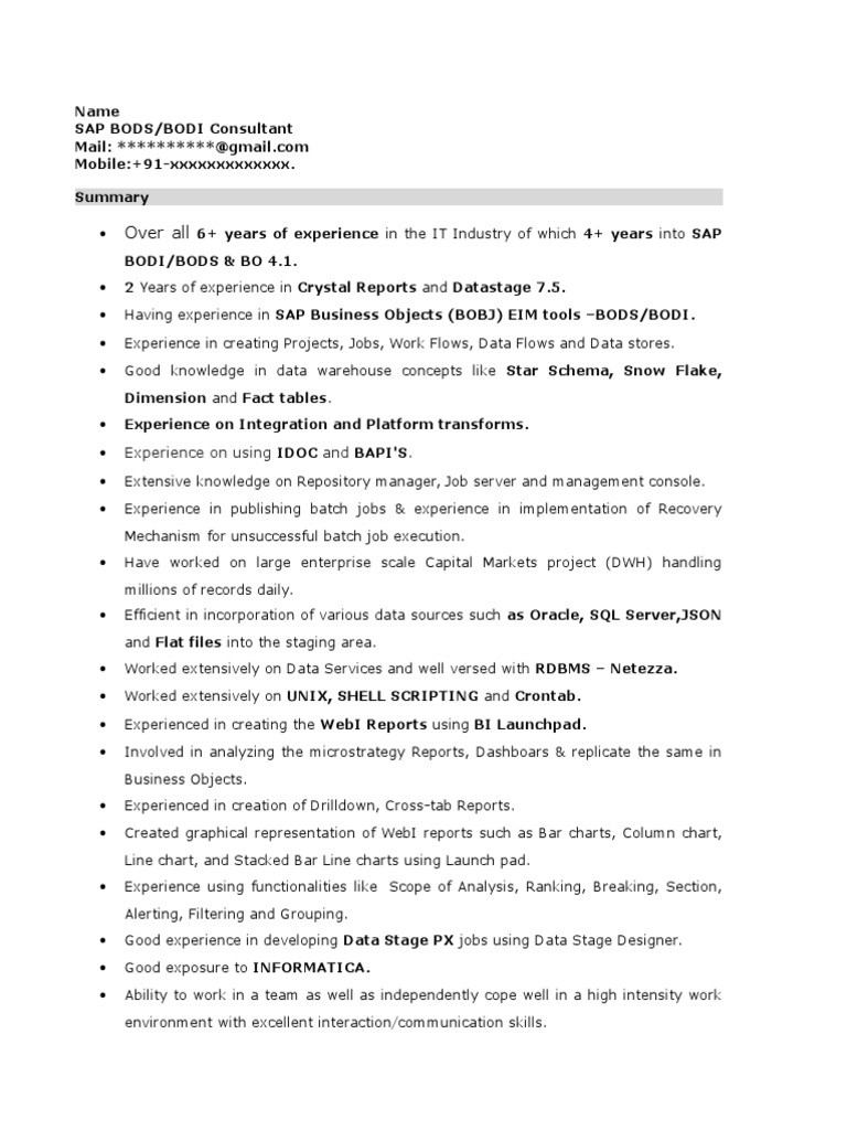 Sample Resume Of Datastage Developer with 2 Years Experience Sap Bodi Sample Resume 1 Pdf Data Warehouse Databases