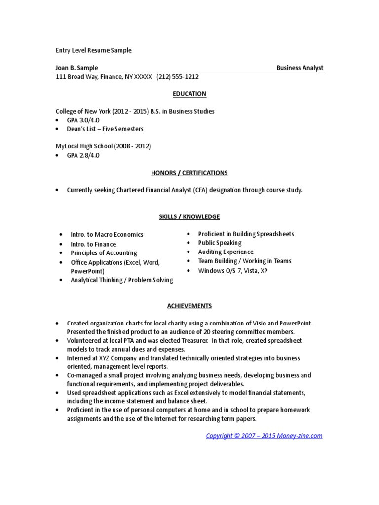 Sample Resume Of Entry Level Of Business Anlayst Entry Level Business Analyst Resume Pdf