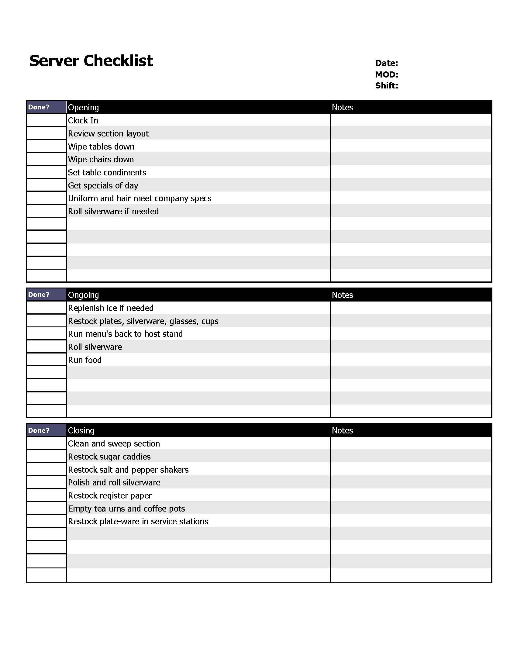 Sample Resume Restaurant Server Evaluation form Restaurant Server Checklist form. Restaurant Cleaning …