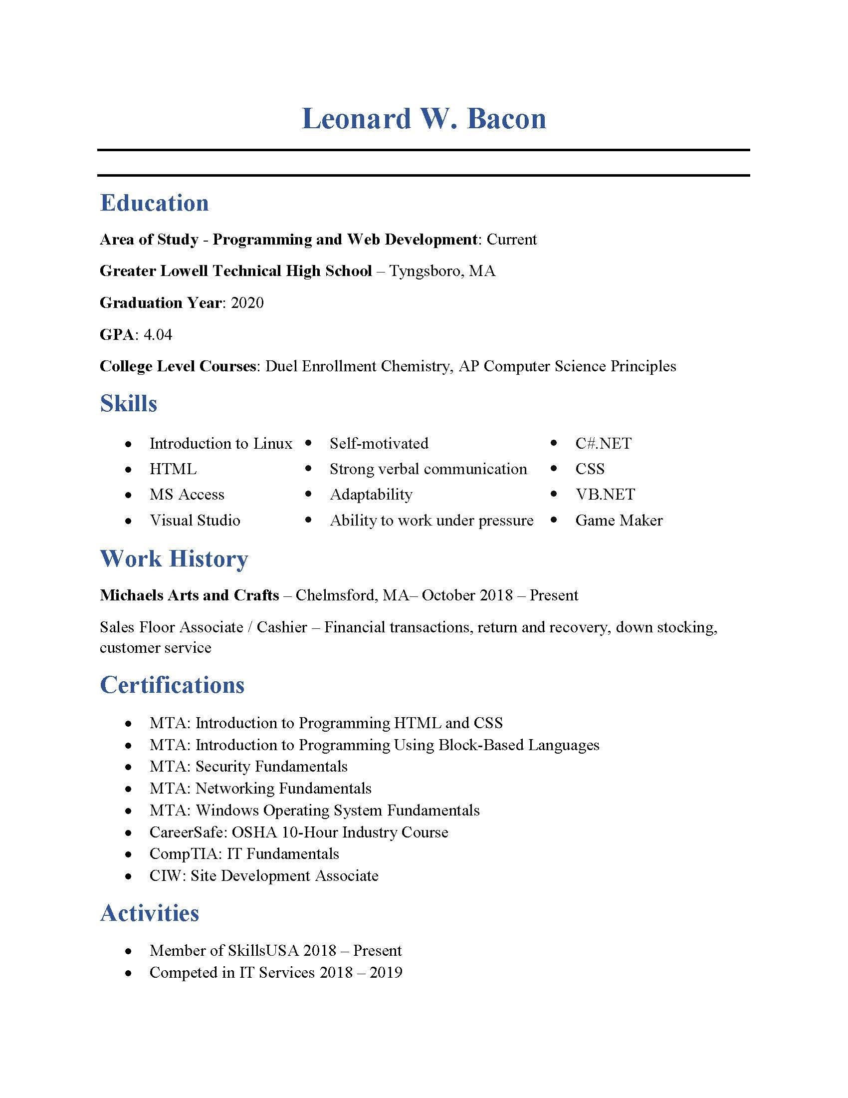 Sample Resume with Ciw Web Development associate Leonard’s Resume