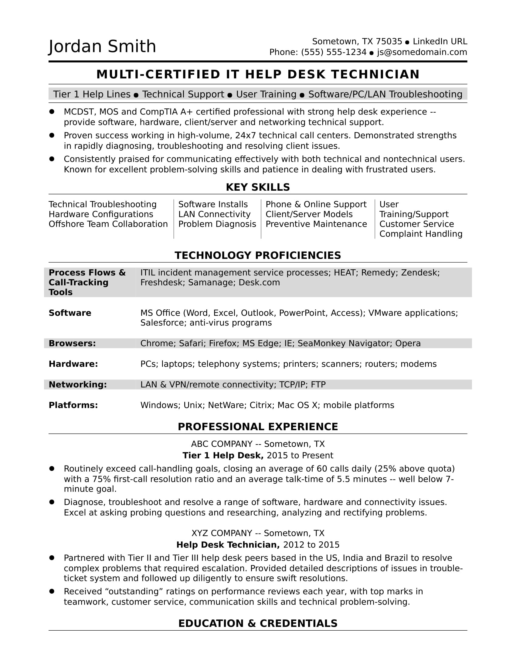 Sample Resume with Comp Tia Scredentials Sample Resume for A Midlevel It Help Desk Professional Monster.com