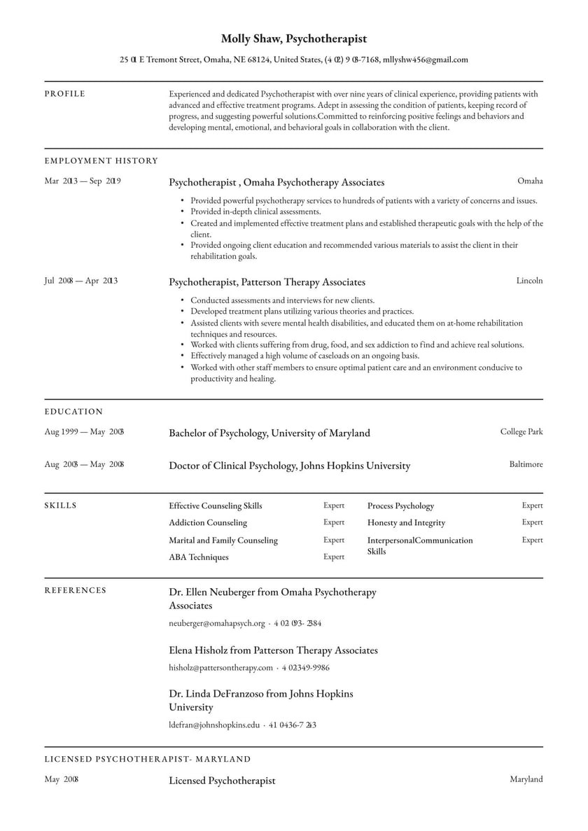 Sample Resumes for Marriage and Family therapist Psychotherapist Resume Examples & Writing Tips 2022 (free Guide)