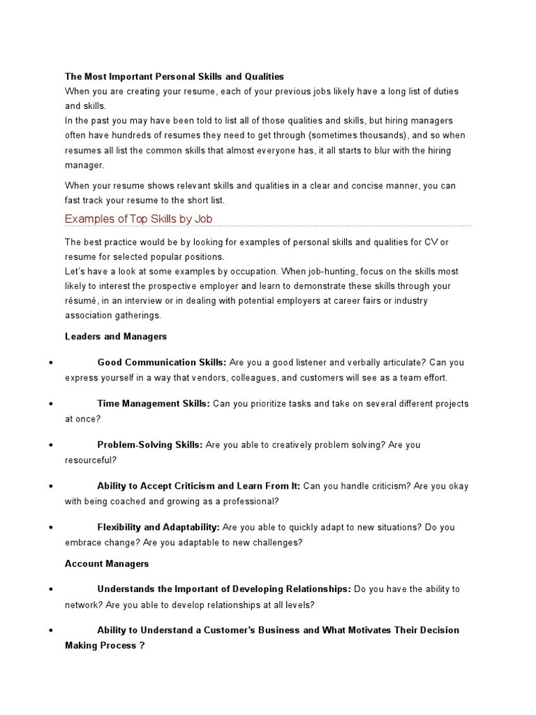 Sample Skills and Qualities for Resume the Most Important Personal Skills and Qualities Pdf Résumé … Sample Skills and Qualities for Resume the Most Important Personal Skills and Qualities Pdf Résumé …