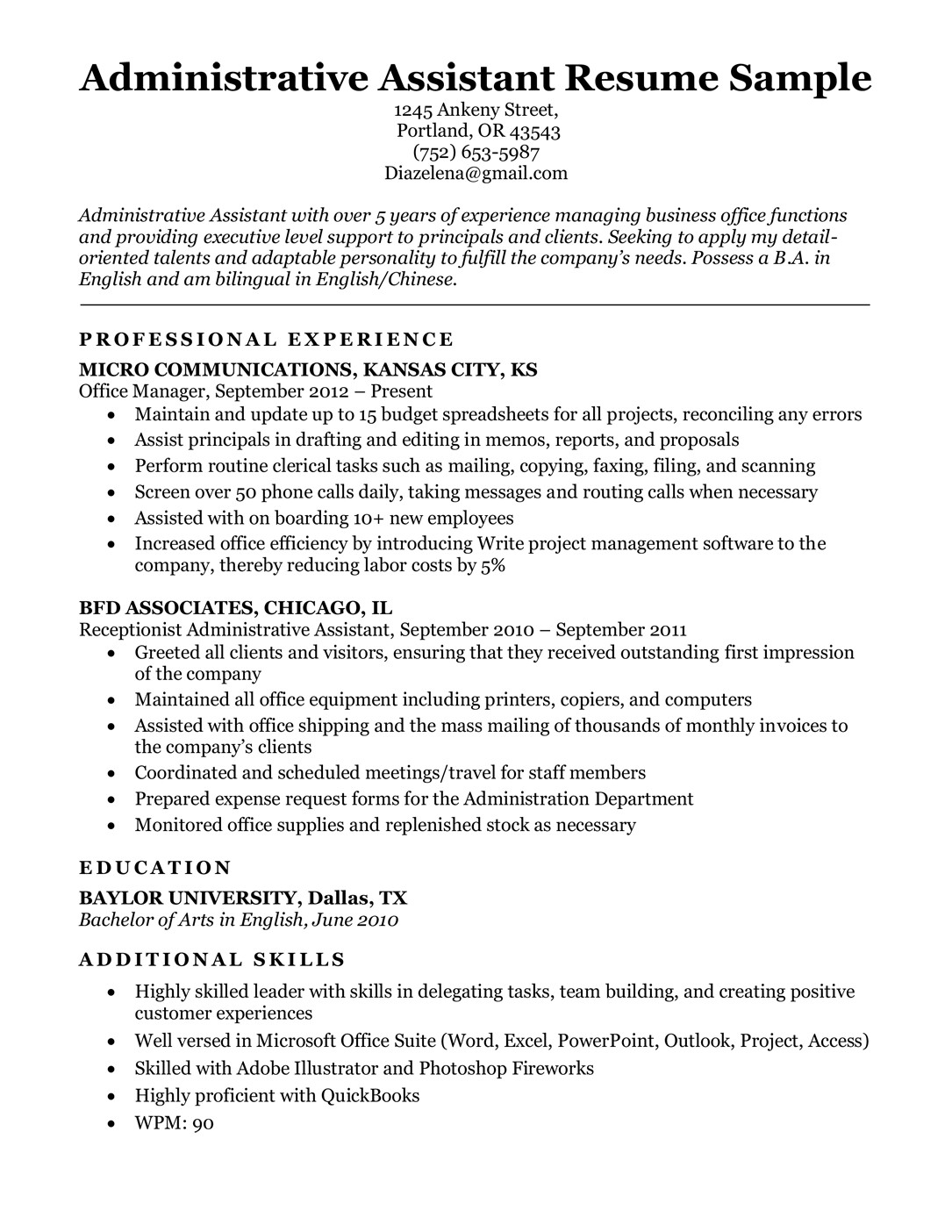 Samples Of Resume Objectives for Administrative assistants Administrative assistant Resume Example