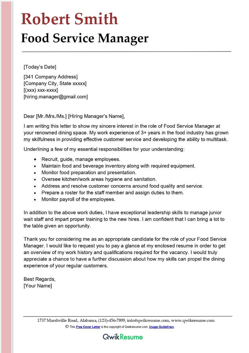 School Food Service Supervisor Sample Resume Food Service Manager Cover Letter Examples – Qwikresume