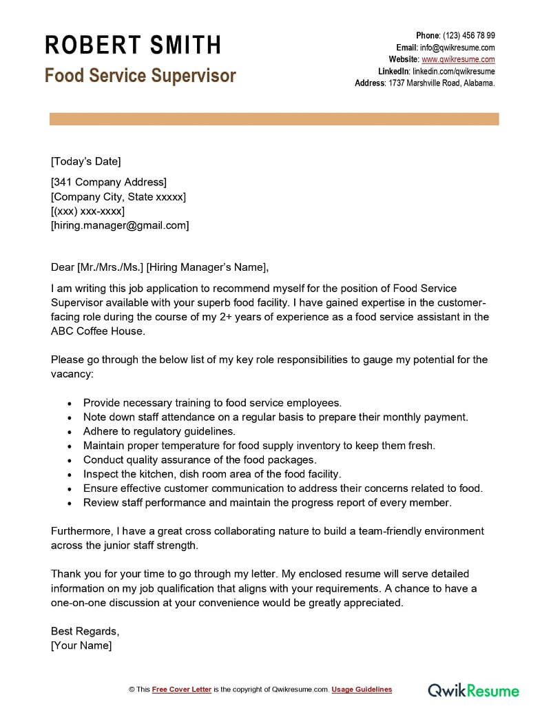 School Food Service Supervisor Sample Resume Food Service Supervisor Cover Letter Examples – Qwikresume
