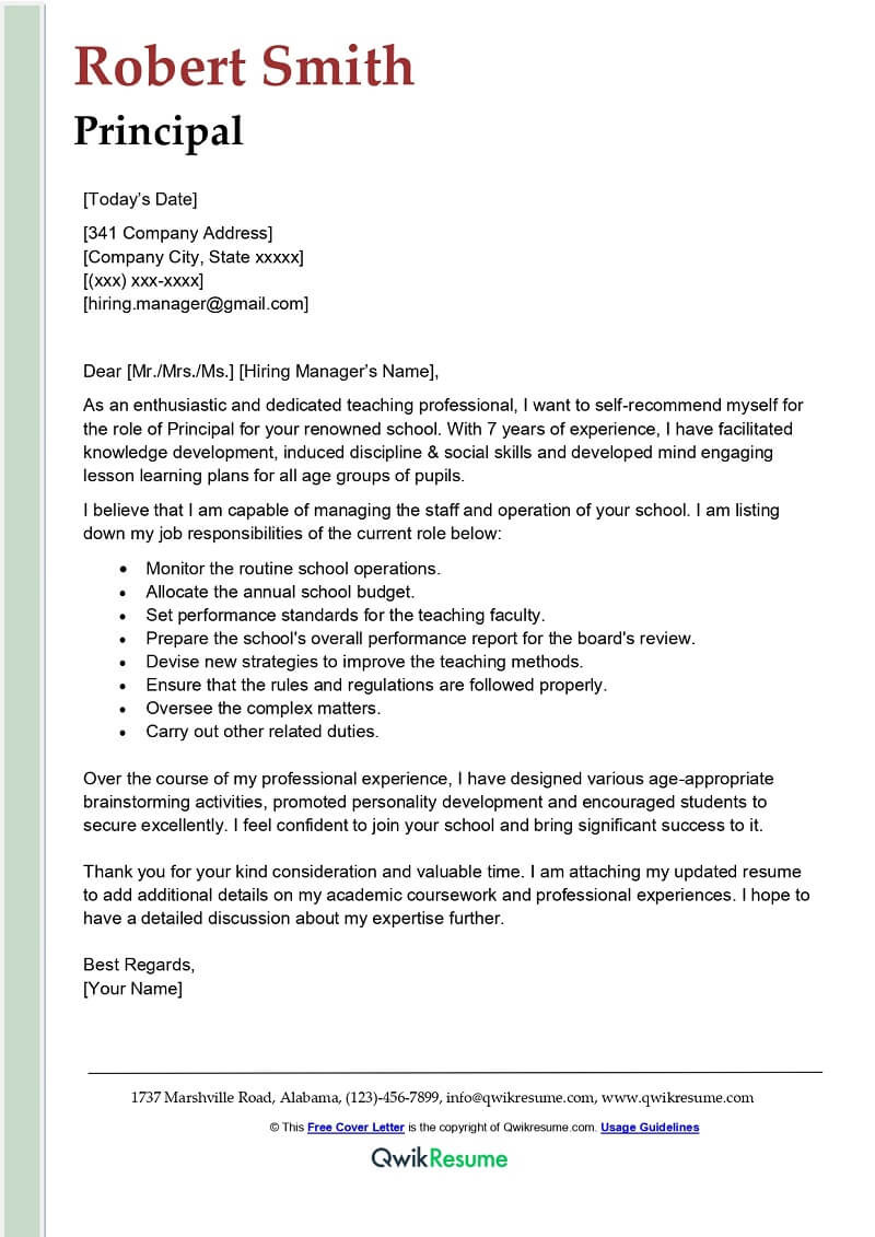 School Principal Resume Cover Letter Sample Principal Cover Letter Examples – Qwikresume