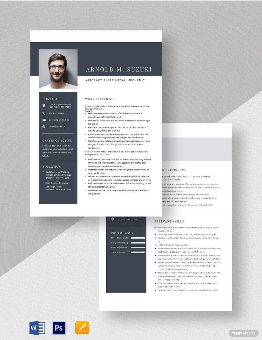Aircraft Sheet Metal Mechanic Resume Sample Aircraft Sheet Metal Mechanic Resume Template – Word, Apple Pages …