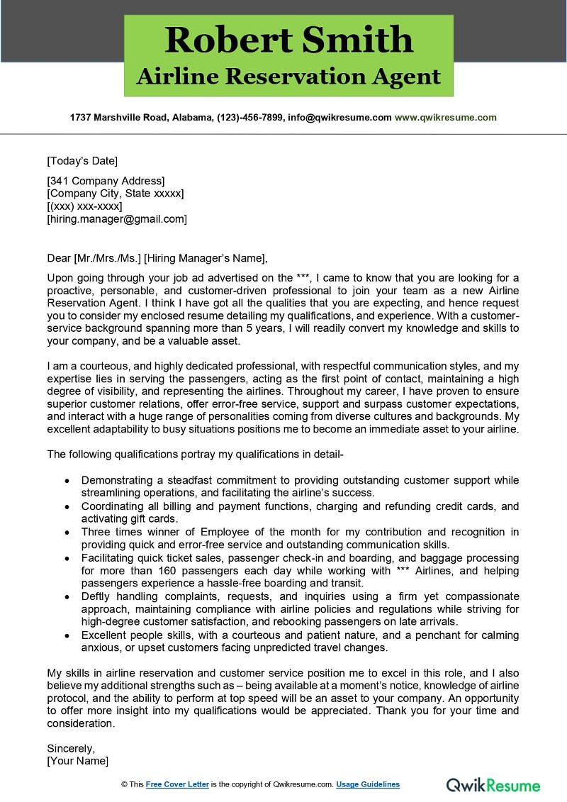 Airline Reservation Agent Resume Summary Sample Airline Reservation Agent Cover Letter Examples – Qwikresume