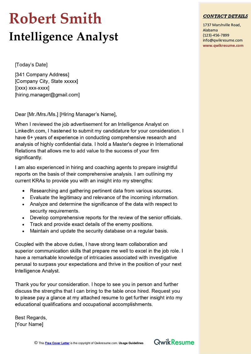 All source Intelligence Analyst Sample Resume Intelligence Analyst Cover Letter Examples – Qwikresume