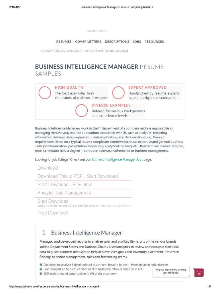 Banking Business Analyst Resume Samples Jobherojobhero Business Intelligence Manager Resume Samples – Jobhero Pdf …