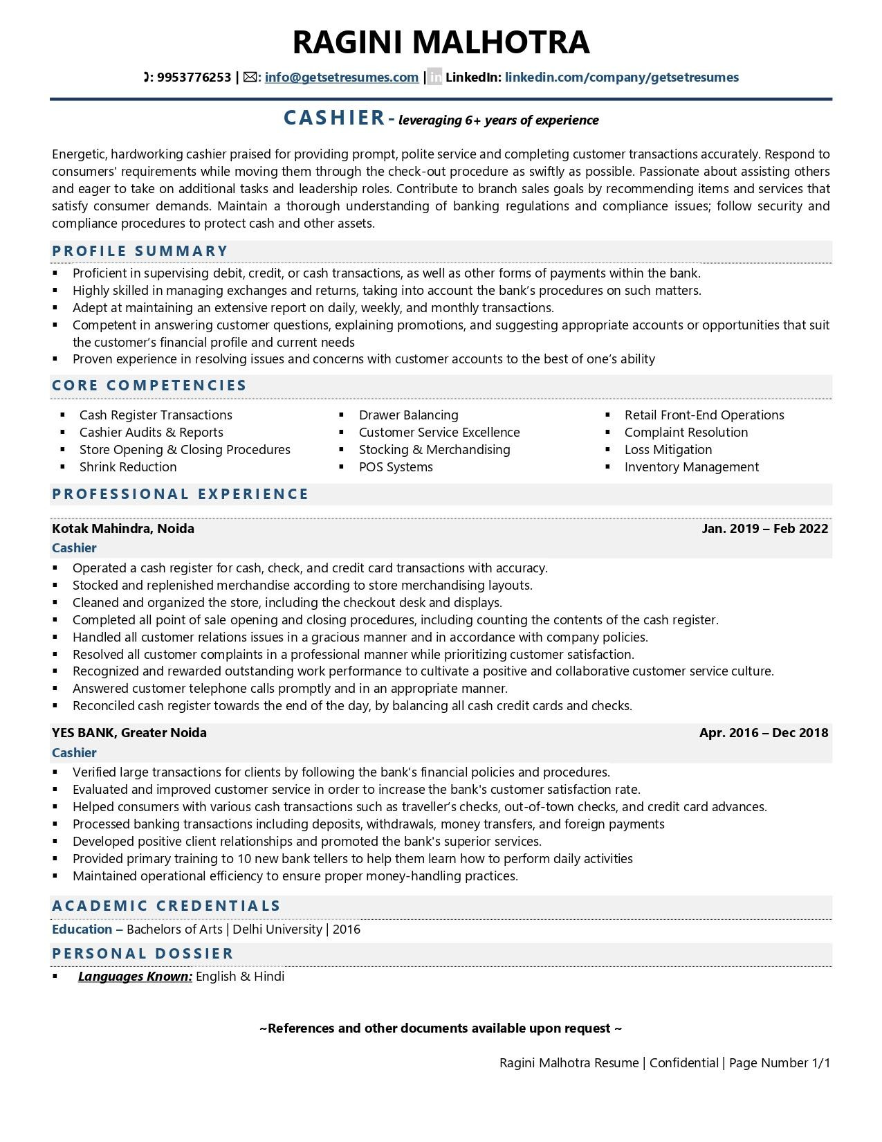 Banking Customer order Management Resume Sample Cashier Resume Examples & Template (with Job Winning Tips)