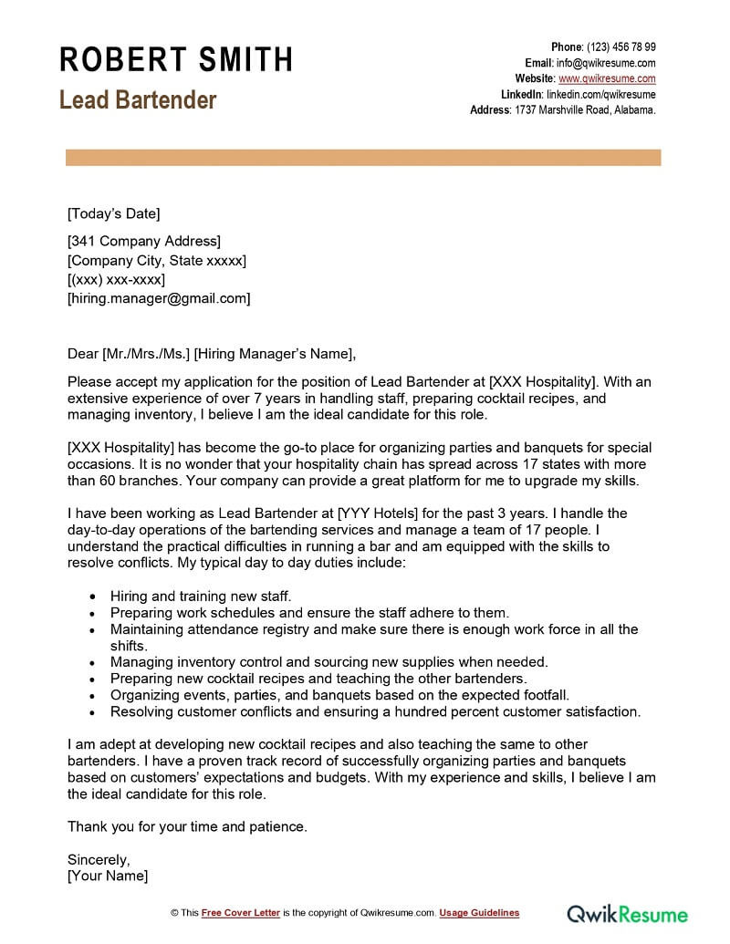 Banquets Lead and Bartender Resume Job Description Samples Lead Bartender Cover Letter Examples – Qwikresume