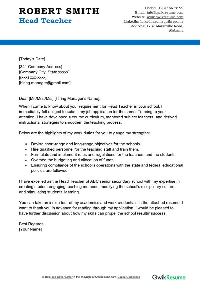 Cover Letter for Teacher Resume Samples Head Teacher Cover Letter Examples – Qwikresume