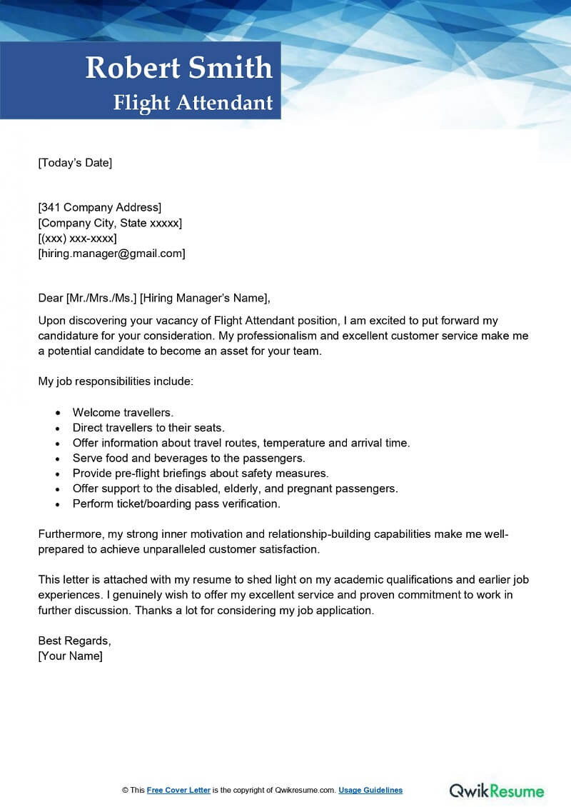 Cover Letter Resume Samples Experience Flight attendant Flight attendant Cover Letter Examples – Qwikresume