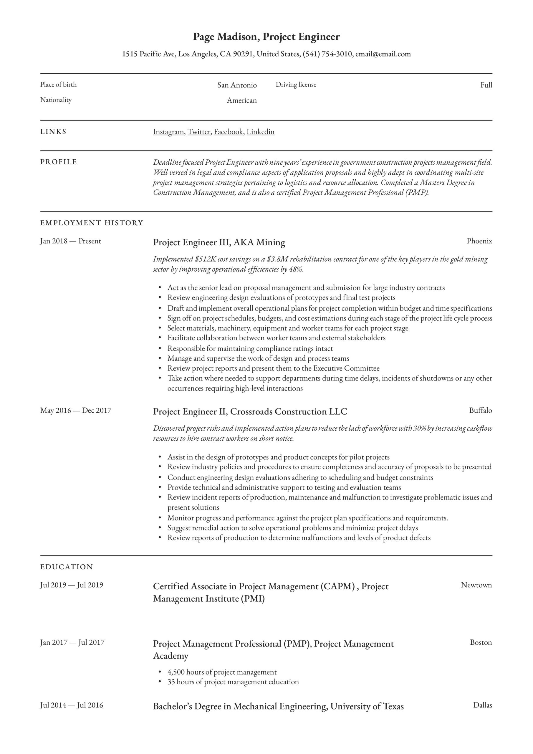 Entry Level Project Engineer Resume Sample Project Engineer Resume & Writing Guide  12 Resume Examples 2020