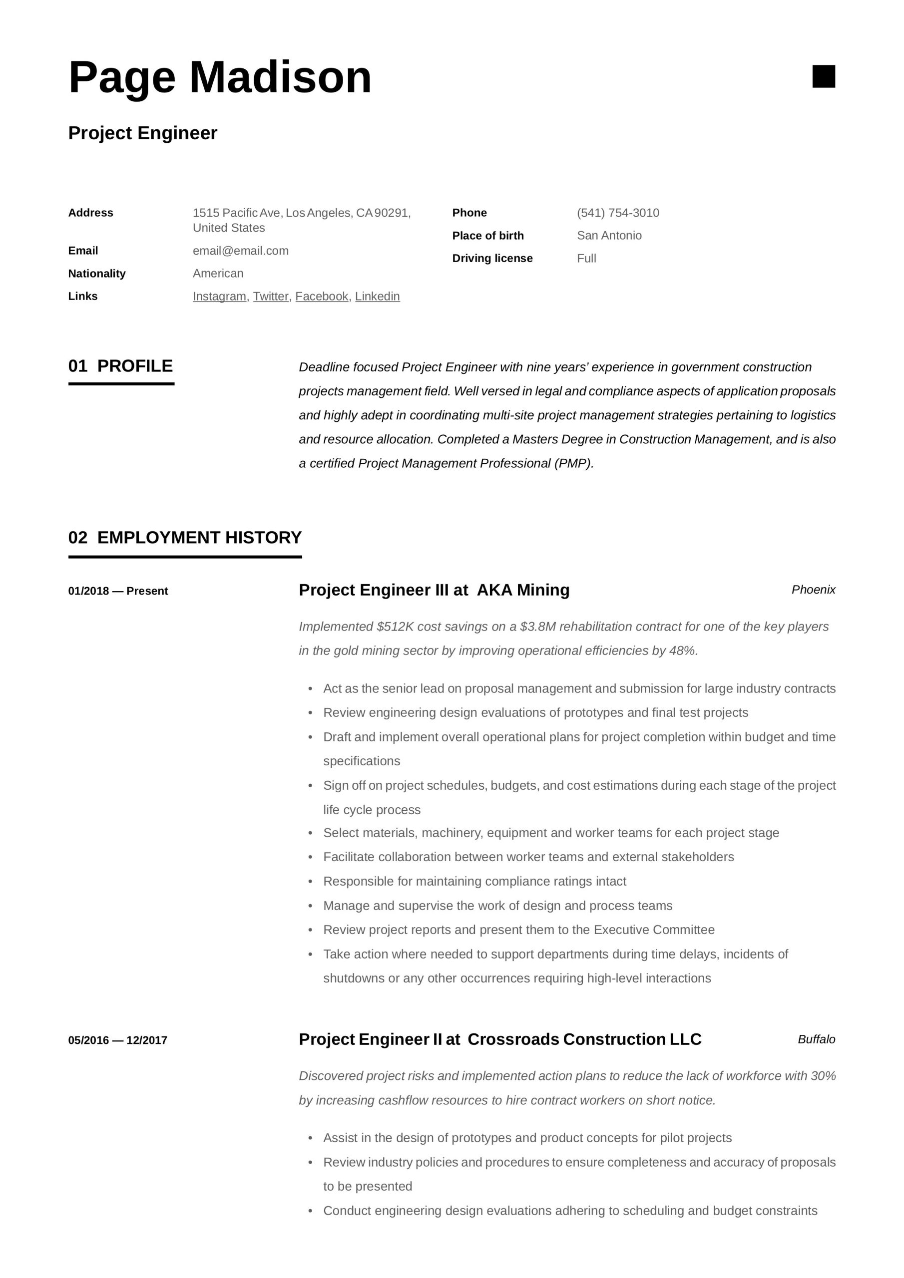 Entry Level Project Engineer Resume Sample Project Engineer Resume & Writing Guide  12 Resume Examples 2020